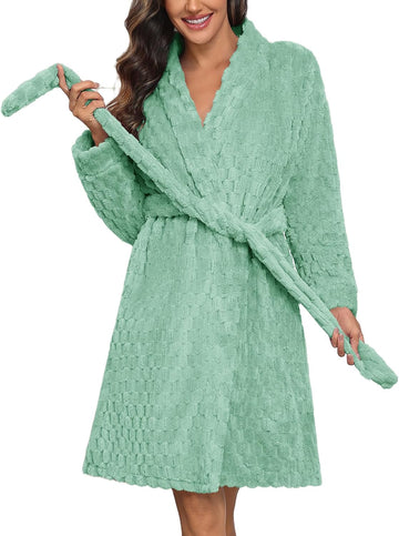 Women's Robes Short Plush Bathrobe Knee Length Warm Soft Jacquard Robe Winter House Coat with Pockets S-XXL