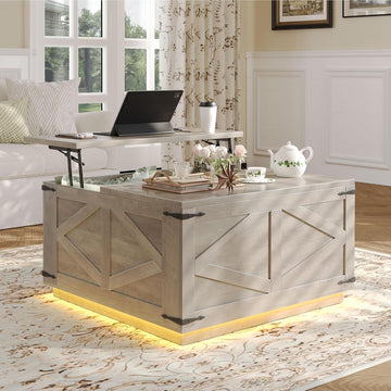 Farmhouse Lift Top Coffee Table, Square Wood Center Table with LED Lighting, USB-C Charging Station