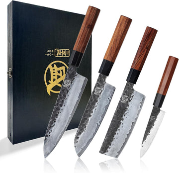 4-Piece Japanese Chef Knife Set, San-Mai 9Cr18MoV | Gyuto Santoku Nakiri Paring, Deep-Cryo Heat Treatment, Tsuchime