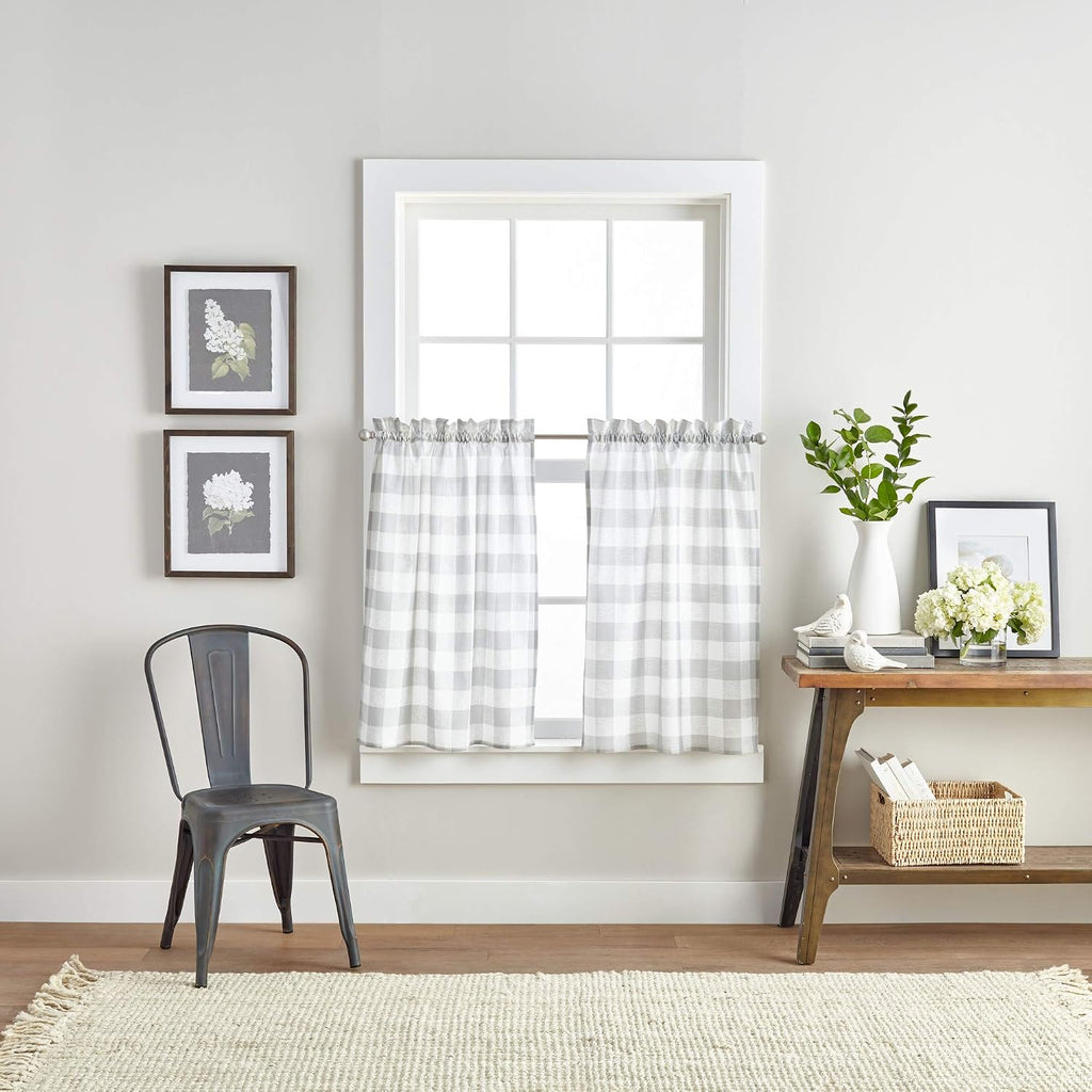 Country Modern Rustic Farmhouse Buffalo Check Kitchen Curtains Window Valance and Cafe Tiers, 3-Piece Set, 36-inch