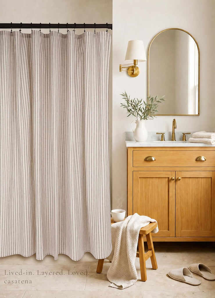 Farmhouse Striped Shower Curtain - 72x72 Inches, Linen Blend Fabric, Breathable & Machine Washable, Rustic Taupe