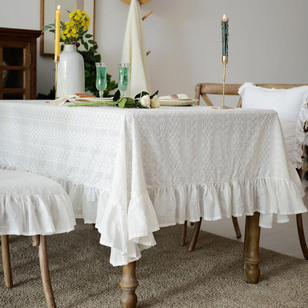 White Cotton Tablecloth Ruffled Lace Embroidered Fabric Tablecloths Rustic French Washable Table Cov