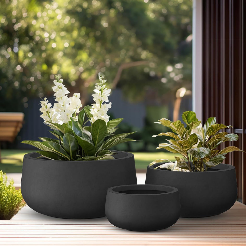 Set of 3 Black Concrete Bowl Planters 19.6" 16" 19.6" Dia | Drainage for Outdoor, Rubber Plug for Indoor Home
