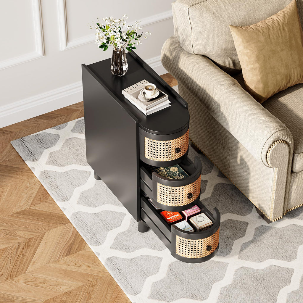 Solid Wood Set of 2, Rattan Narrow Side Table