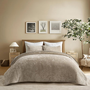 Stripe Channel Velvet Quilt Set, Beige Taupe – Luxury Plush Bedspread Coverlet with 2 Shams