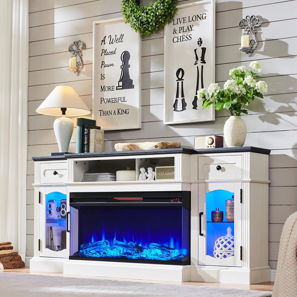 Farmhouse Electric Fireplace TV Stand for TVs up to 80 Inches, Entertainment Center with 36 Inch 3-Sided Glass Fireplace and LED Lights, 70 Inch TV Console, Antique White