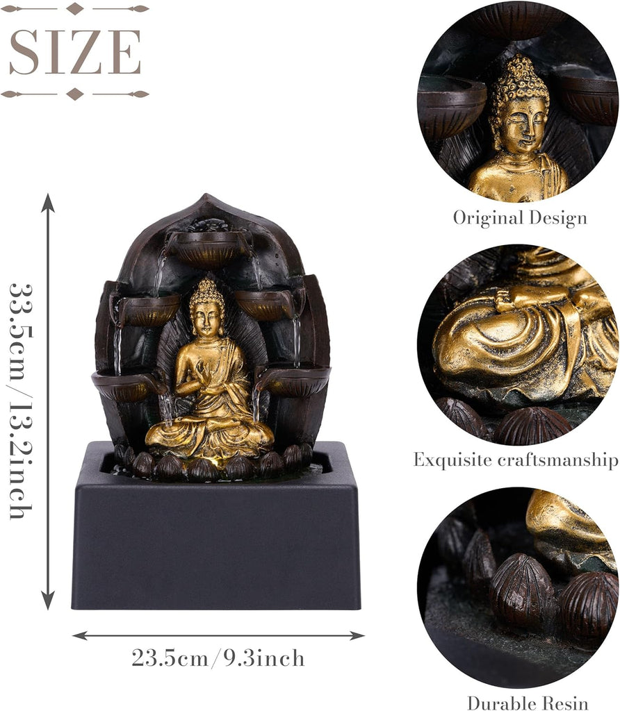 Tabletop Water Fountain Indoor Decor, Gold Buddha Statue with LED Light and Pump, Waterfall Fountain Indoor Zen Home