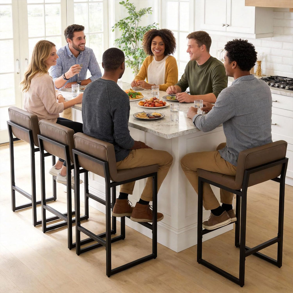 Counter Height Bar Stools Set of 4, Upholstered Barstools with Back, Bar Chairs with Thickened Metal Legs, PU Leather