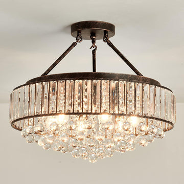 6 Light Modern Crystal Oil Rubbed Bronze Metal Semi Flush Mount Ceiling Light Fixture E26 Indoor Round Ceiling Lamp