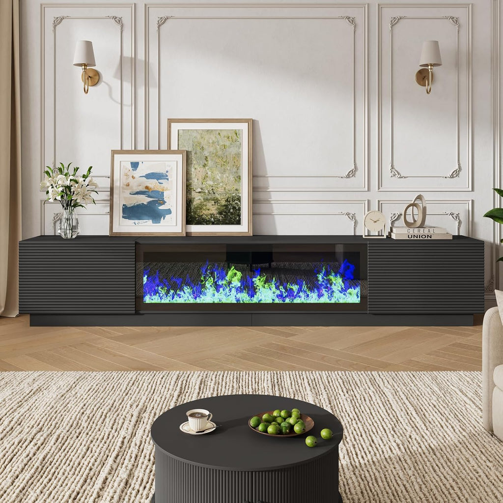 94.5" Black Fireplace Tv Stand with 47 inch Electronic Fireplace, Unheated Entertainment Center with 5 Flame