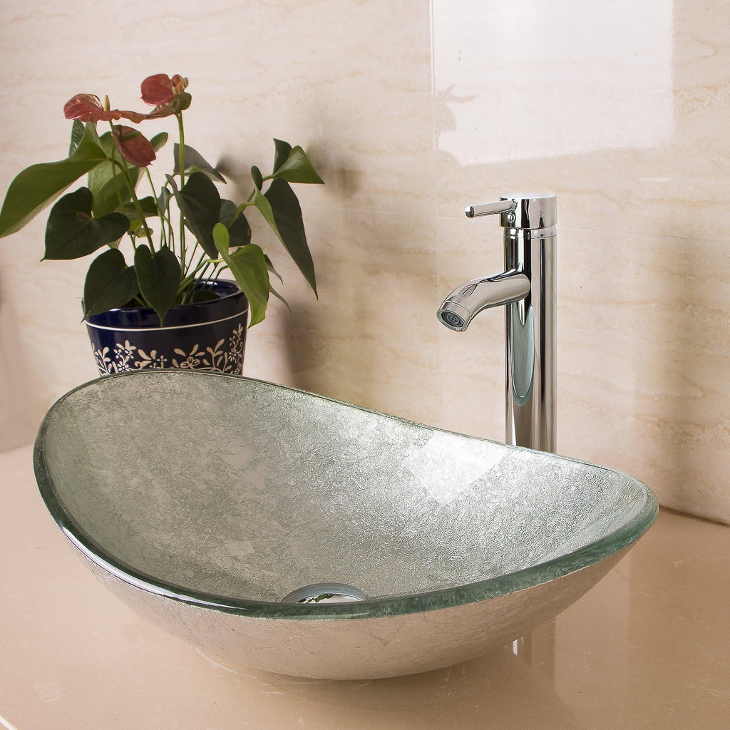 21.7"L × 14.2"W × 6.3"H Tempered Glass Vessel Sink Set - Boat-Shaped Wash Bowl with Chrome Faucet & Pop-Up Drain Stopper