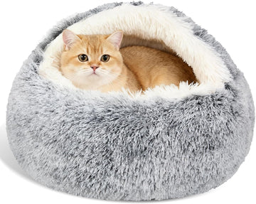 Calming Dog & Cat Cave Bed With Hooded Cover, Removable Washable Round for Small Medium Pets