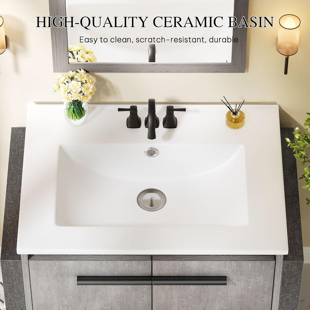 36" Modern Wall Mounted Bathroom Vanity with Sink - White & Gray Cabinet with 2 Soft-Close Doors