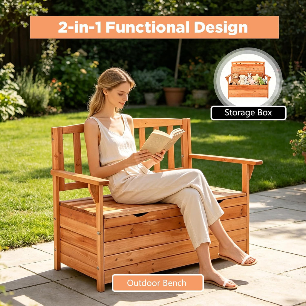 80 Gallon Outdoor Storage Bench Deck Box, Wooden Patio Bench with Armrests & Inner Removable DustProof Lining for