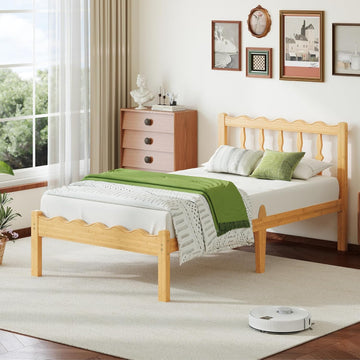 Bamboo Queen Bed Frame with Headboard, 14 inch Solid Wood Platform Bed Frames Queen with Metal Slats, No Box Spring