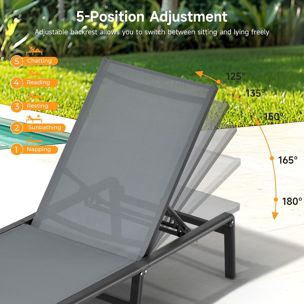 Aluminum Chaise Lounge Chair Outdoor for Outside Poolside, 1PC, Grey | Foldable & Assembly Free Outdoor Lounge Chair