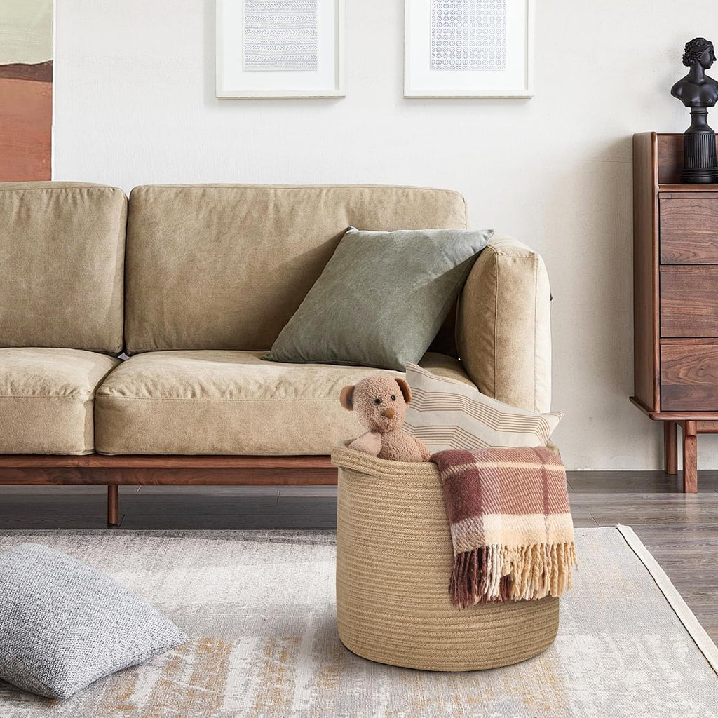 Large Wicker Storage Basket, 16" x 14" Jute Woven Basket with Handle, Living Room Blanket Storage, Big Wicker Laundry