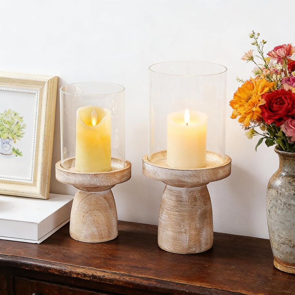 4" & 5" Glass Hurricane Candle Holders with Distressed Brown Solid Wooden Base in Set of 2, Decorative Centerpiece