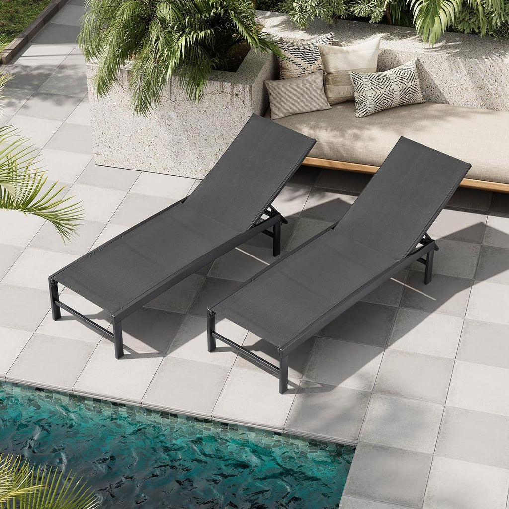 Chaise Lounge Chair Outdoor Set of 2, Adjustable 5 Positions Pool Lounge Chairs, Metal Tanning Recliner, Outdoor