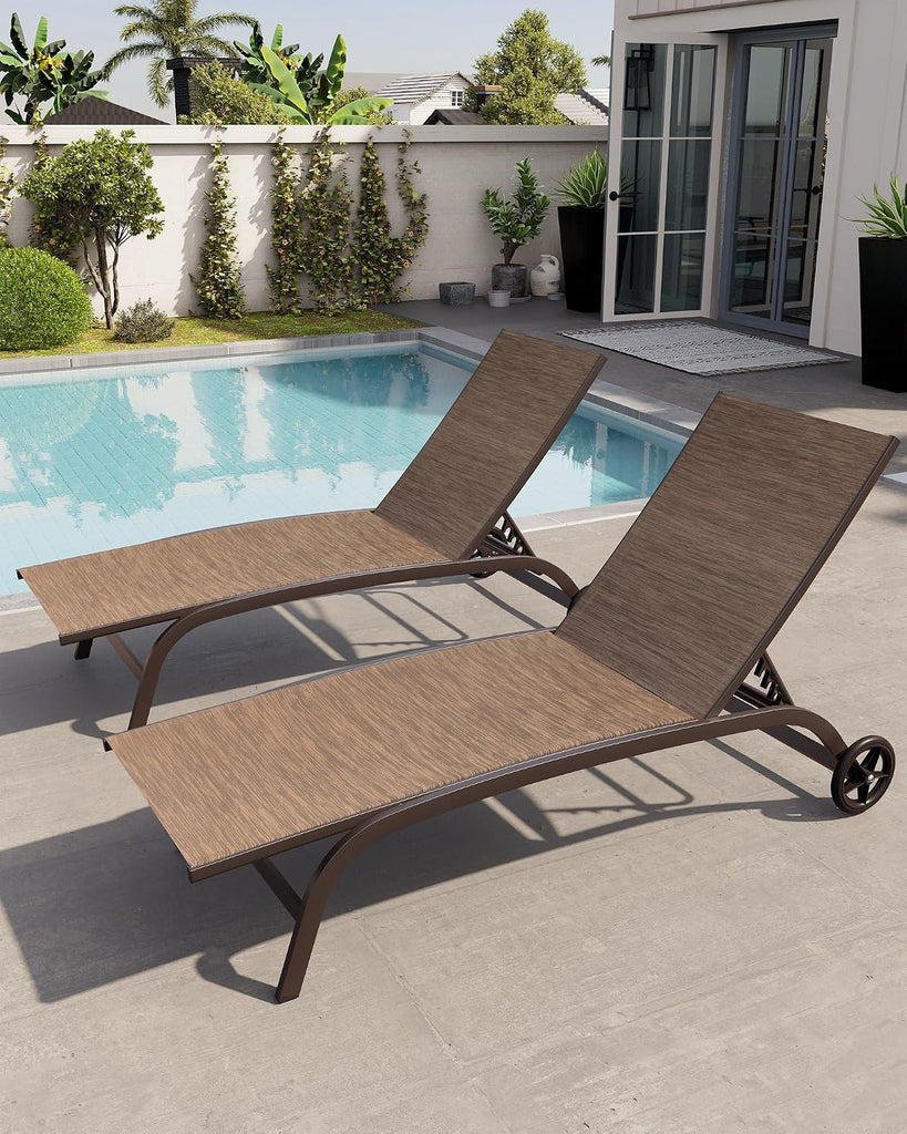 Pool Lounge Chairs with Wheels, Chaise Lounge Chairs Set of 2 (Brown) | 5-Position Adjustable Backrest, All Weather