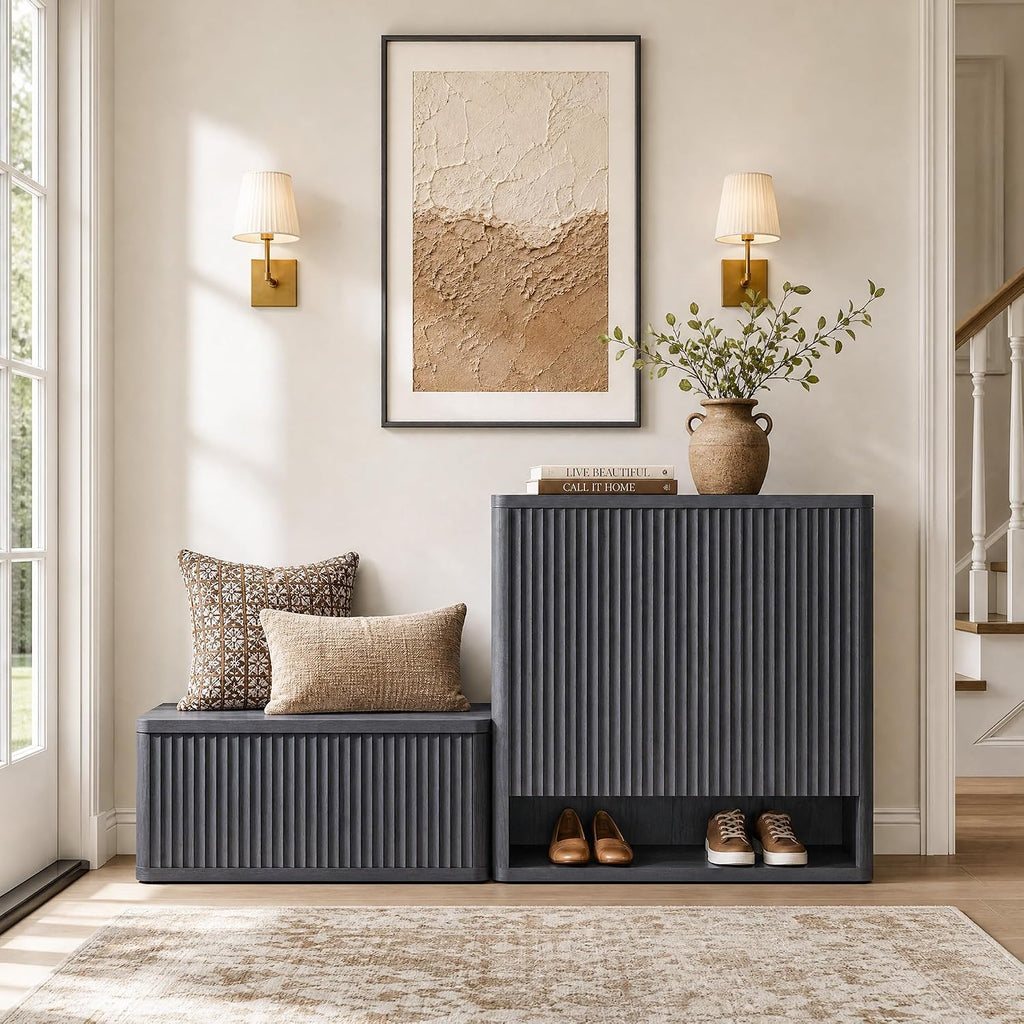 Storage Bench 80.4" Wide Shoe Bench with Lift Top Large Wooden Storage Chest Trunk Modern Blanket Chest with 4 Safety