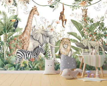Kids Room Jungle Wall Mural, Safari Animals Rainforest Wallpaper Mural , Kindergarten, Living Room, Nursery Room