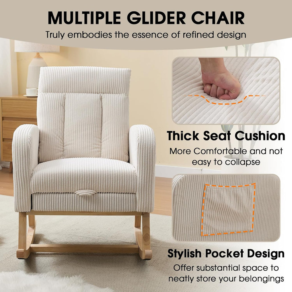 Nursery Rocking Chair, Corduroy Upholstered Rocking Chair with Adjustable Footrest, Tufted Rocker Chair with Side