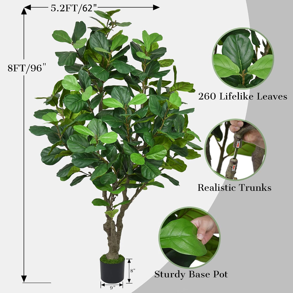 Fiddle Leaf Fig Tree 8FT - Large Fake Tree with 260 Fiddle Leaves, 96" Tall Faux Ficus Lyrata Tree Floor Plants in