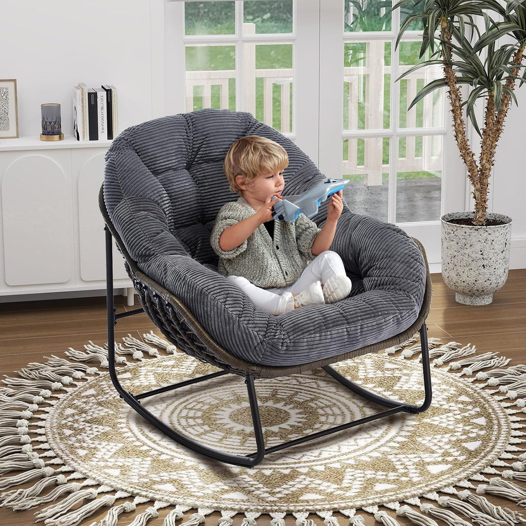 Oversized Indoor Rocking Chair, Comfy Corduroy Rocking Papasan Chair with Thick Cushion and Frame, Large Wicker