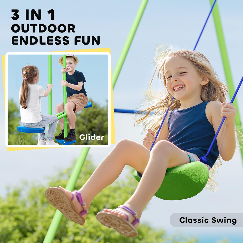Metal Swing Set with Glider Two S Seats Adjustable Height Green
