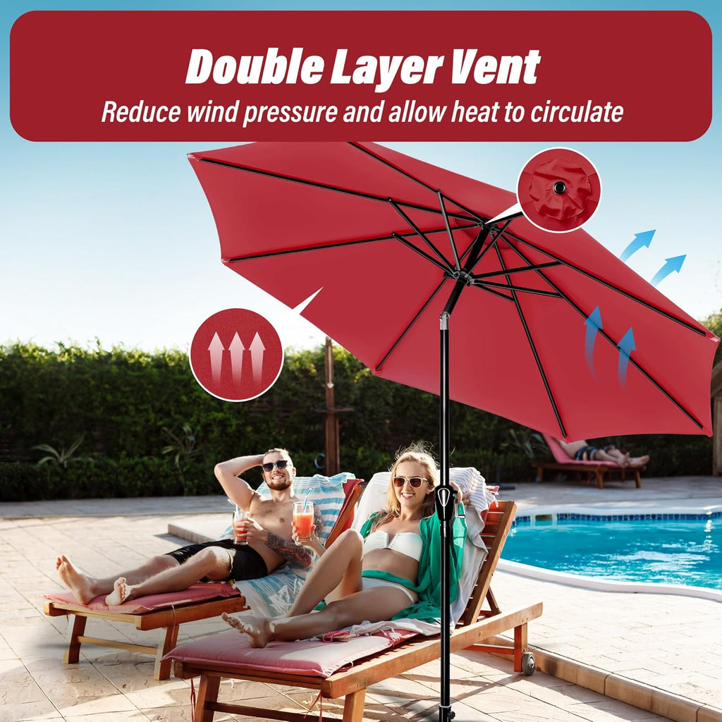 9FT Outdoor Patio Umbrella Table Market Umbrella with Push Button Tilt and Crank, 8 Sturdy Ribs - Ft-red