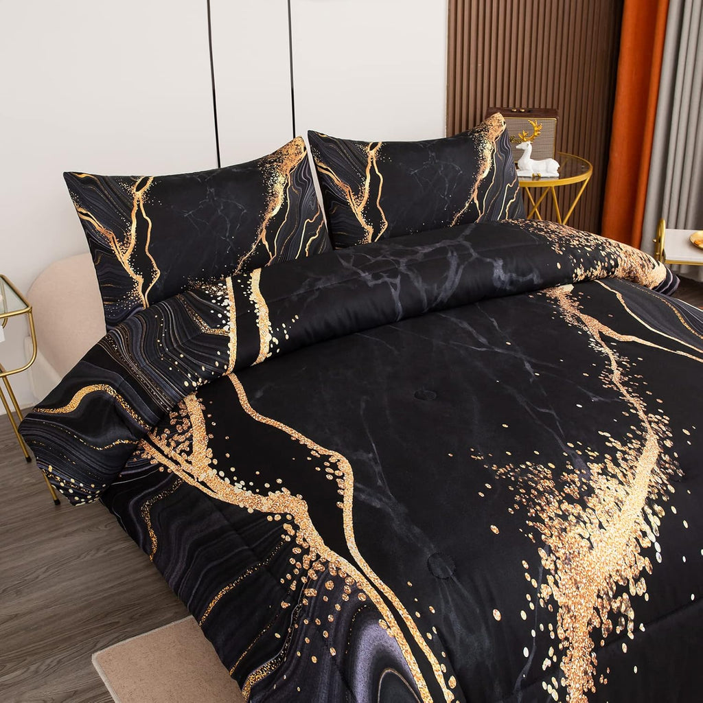 Tailor Shop Marble Bedding Set Soft Microfiber Black and Gold Comforter Set Queen for Kids Men and Women with 1 Marble