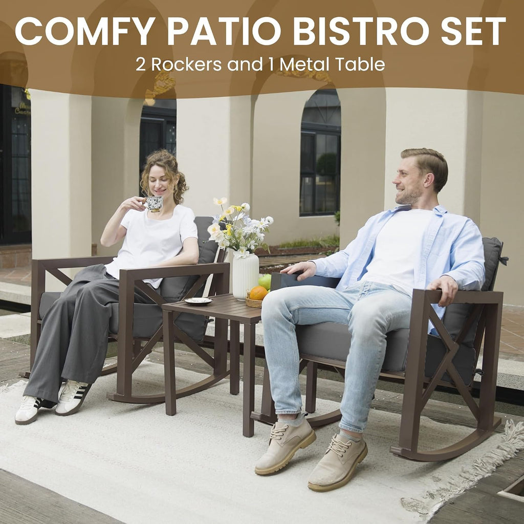 Rocking Chair Outdoor Set 2 w/Coffee Table, 3 Pc Metal Bistro Set | Metal Rocking 6.5" Water-Resistant Cushions