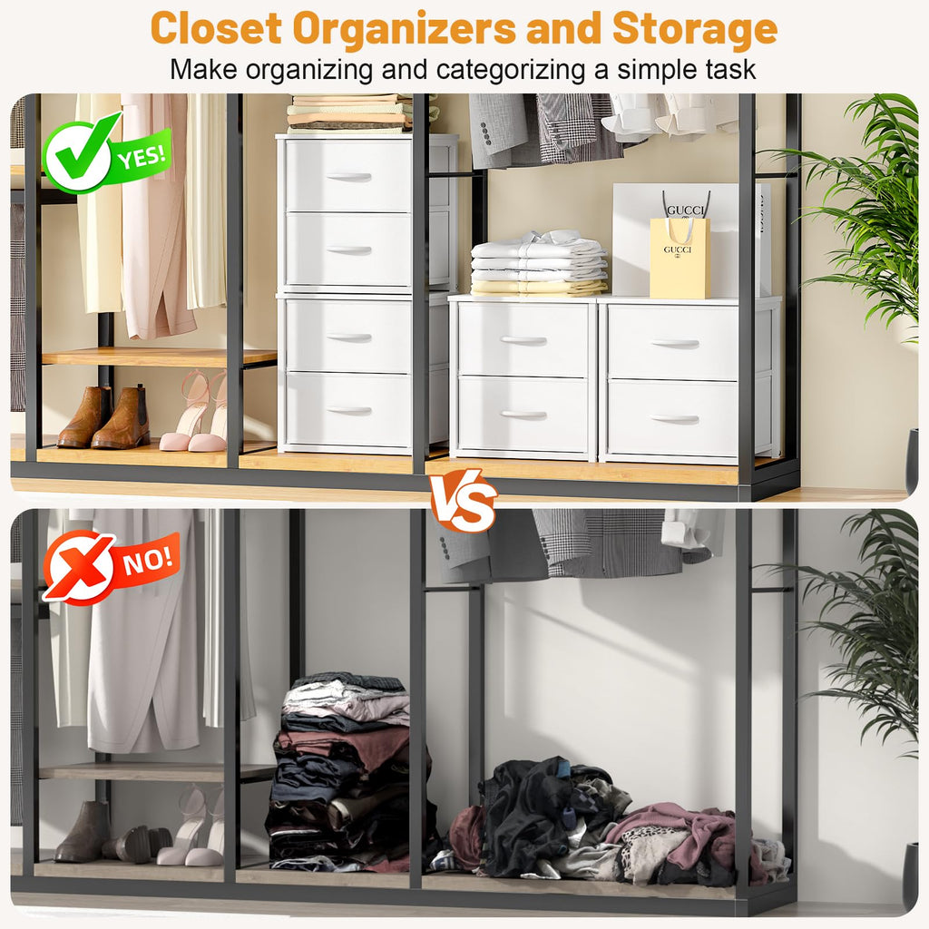 2-Pack Stackable Storage Drawers (4 Drawers Total), White Closet Organizer with Wooden Top & Metal Frame