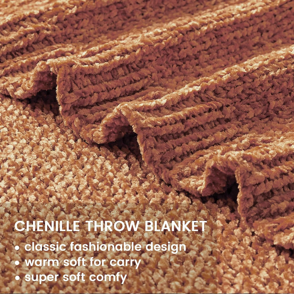 Chenille Throw Blanket, Soft Warm Cozy Blanket for All Season（50" x 60", Coral）