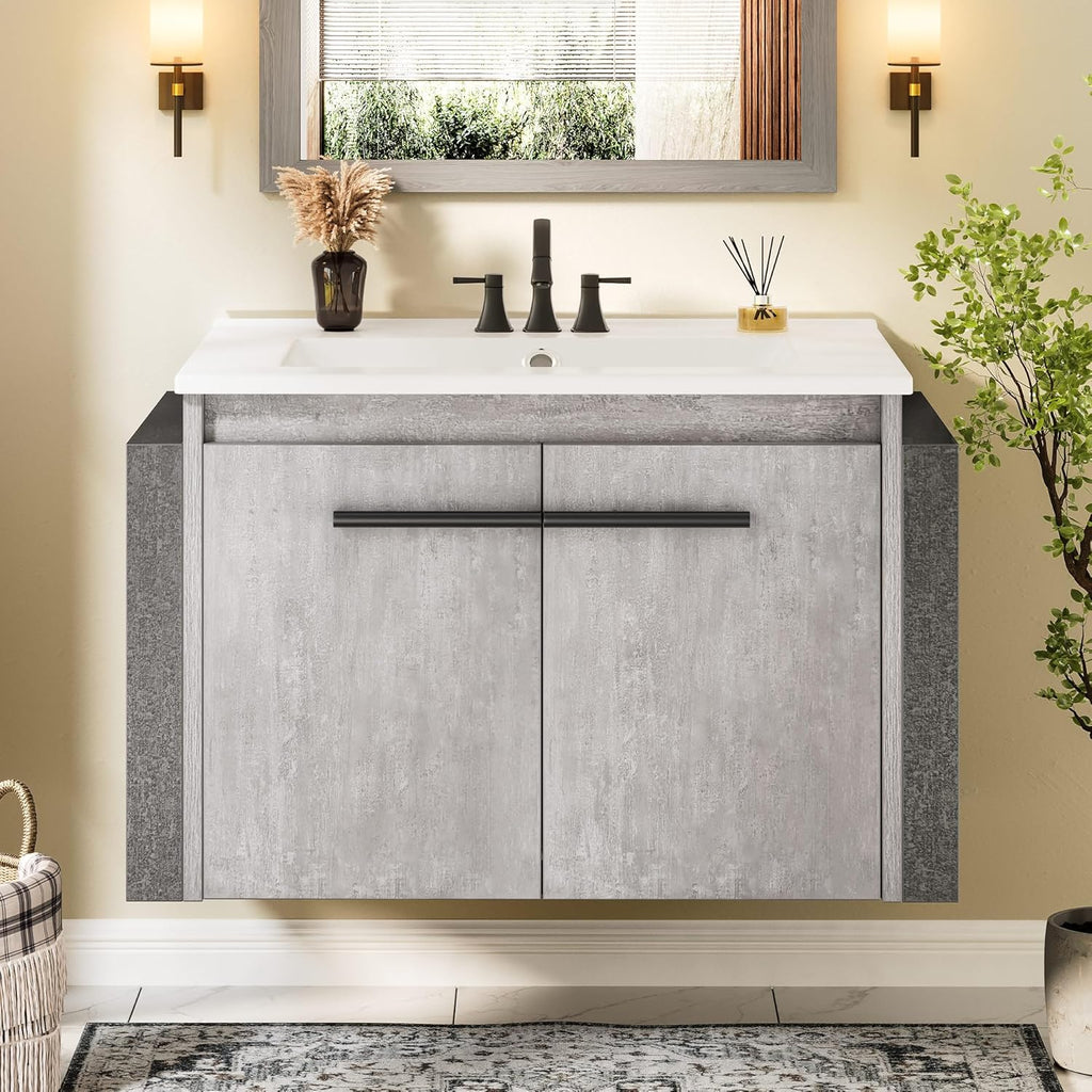 24-Inch Wall-Mounted Bathroom Vanity with Sink – Modern Grey Cabinet with Double Soft-Close Doors and Large Storage