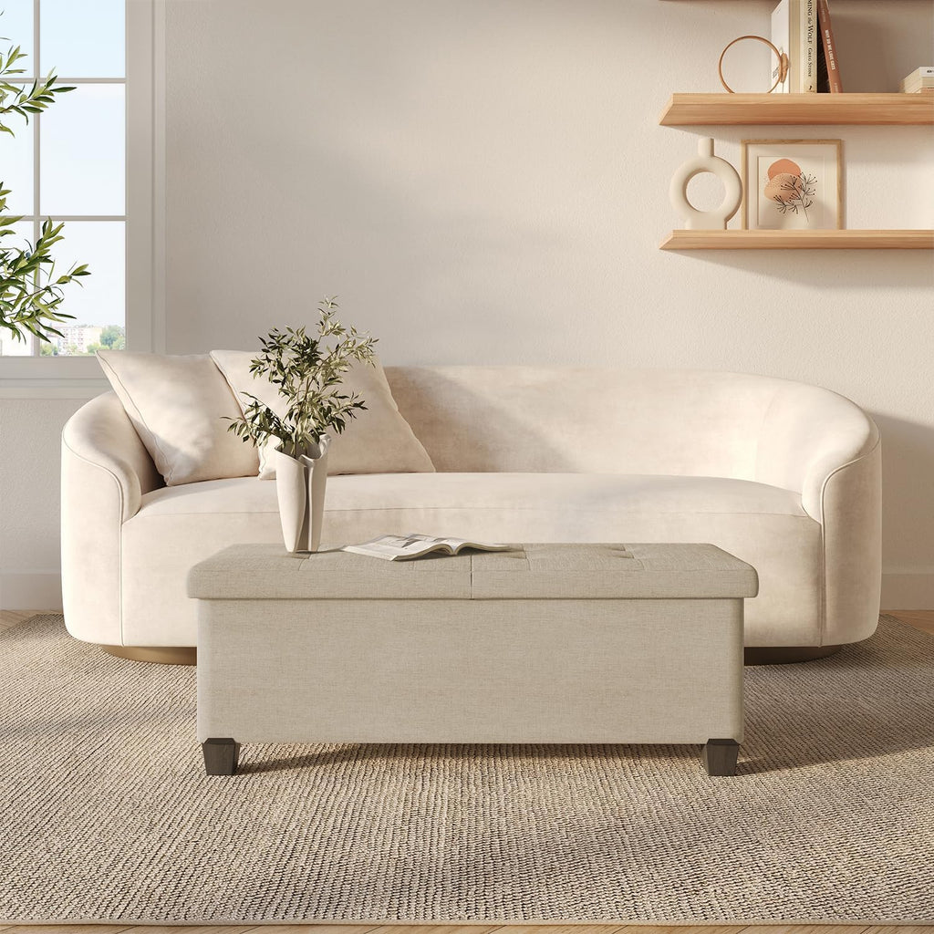 Storage Ottoman Bench with Bins, 43-in Storage Bench End of Bed, Folding Foot Rest Ottoman Max 660lbs, Fabric