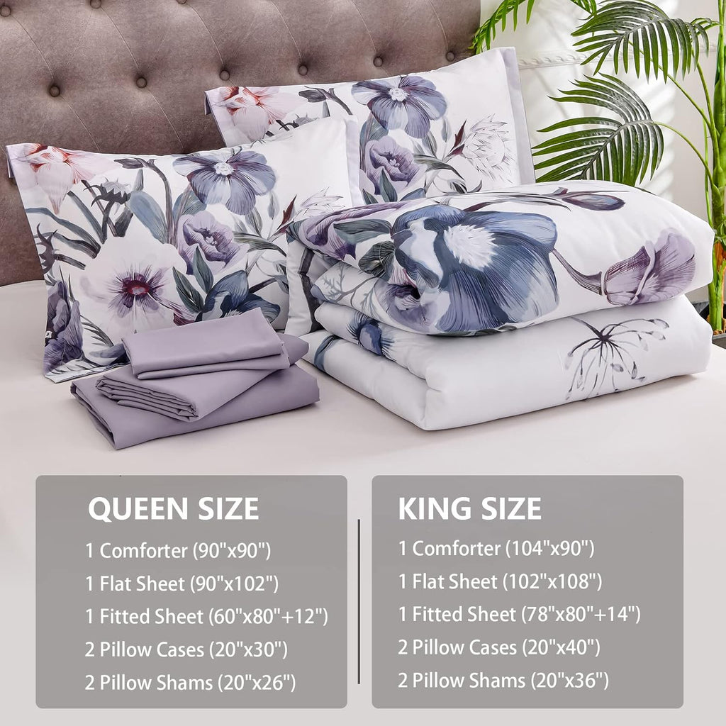Floral Comforter Set Queen 7 Piece, Purple Flower Bed in a Bag, Elegant Floral Comforter with Sheet Set