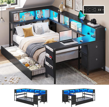 Corner Twin Bed Frame with Desk,Charging Station and Bookcase Storage Twin Size Daybed for Kids/Teen with Storage