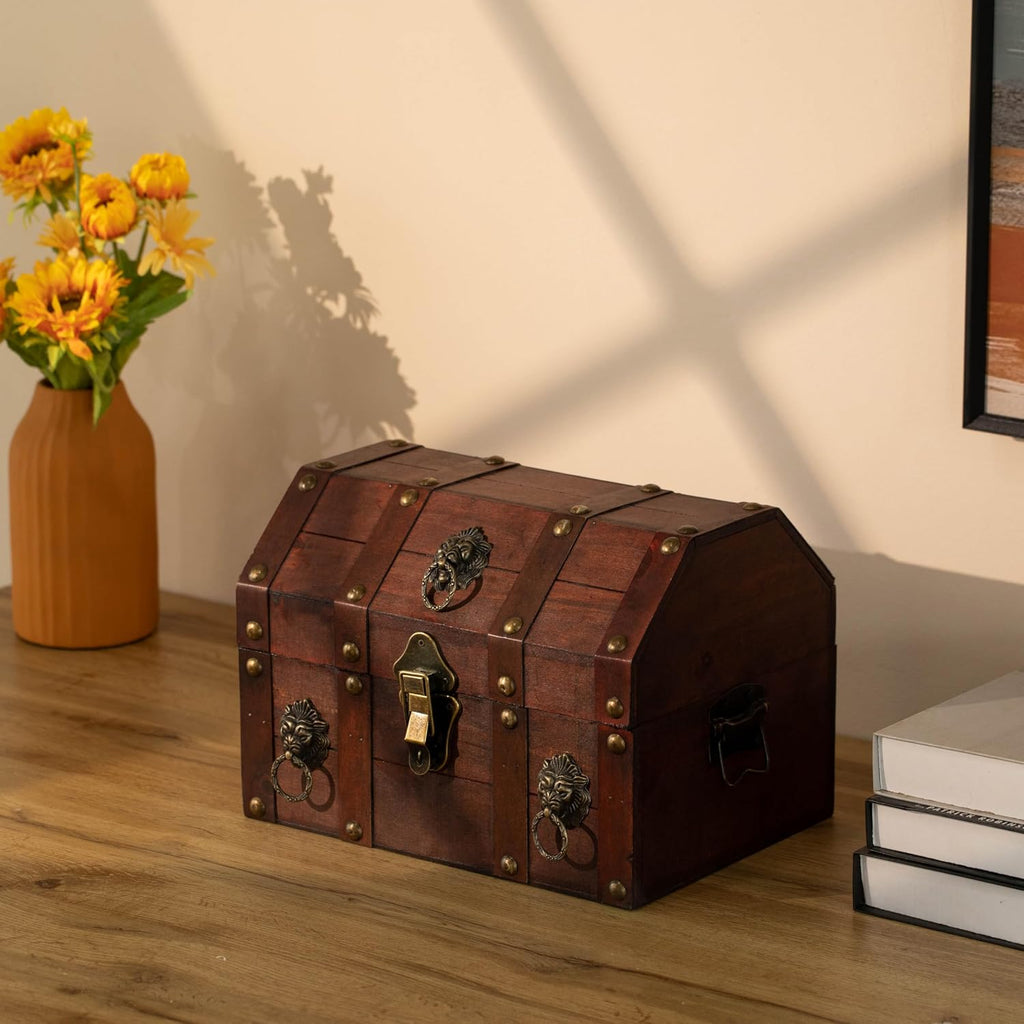 Handmade Pirate Treasure Chest with Latch - Vintage Wooden Storage Trunk and Treasure Box with Hinged Lid - Antique