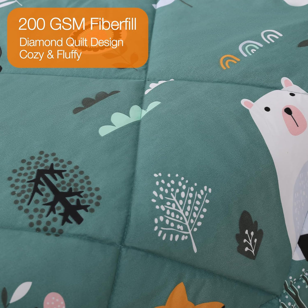 Green Forest Animals Kids Comforter Set, 2 Piece Woodland Printed Microfiber Bedding Set, Machine Washable