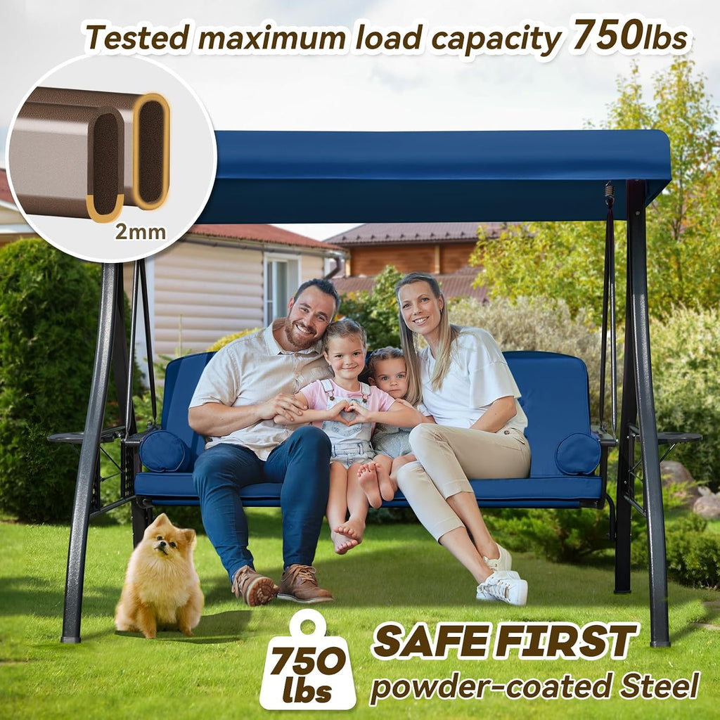 3 in 1 Outdoor Porch Swing with Adjustable Canopy, 3 Seat Outdoor Swing for Adults, Patio Swing Chair with Thickened