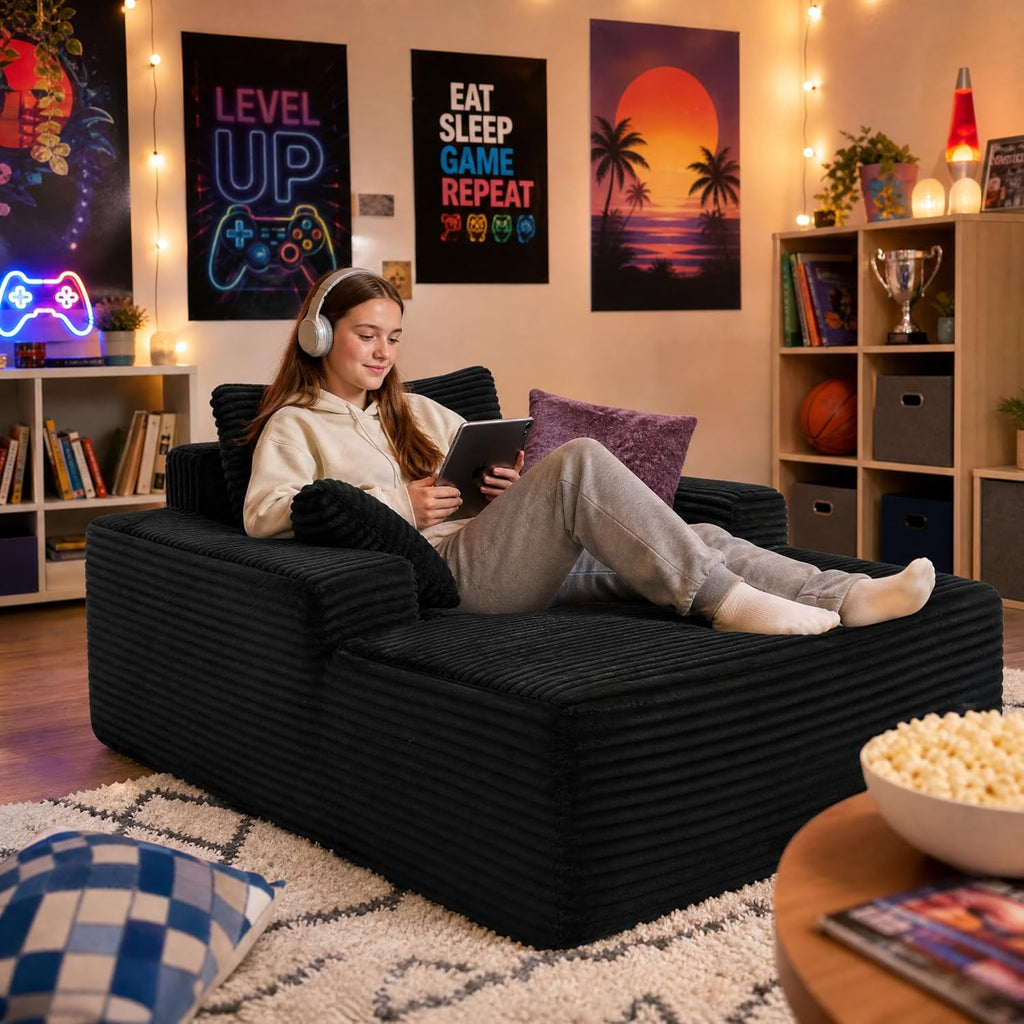 63'' Oversized Boneless Chaise Lounge Chair, Corduroy Fluffy Reading Couch, Deep Seat Sleeper Chair for Small Spaces