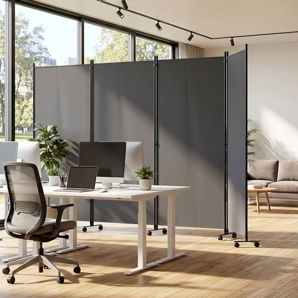 4-Panel Folding Room Divider with Wheels, 137'' x 71'', Gray