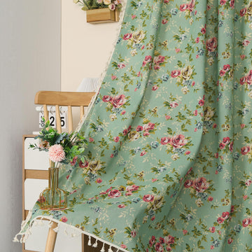 1 Pair Floral on Green Linen Curtains Rustic Country Style Light Filtering Rod Pocket Window Drapes Beige Tassels