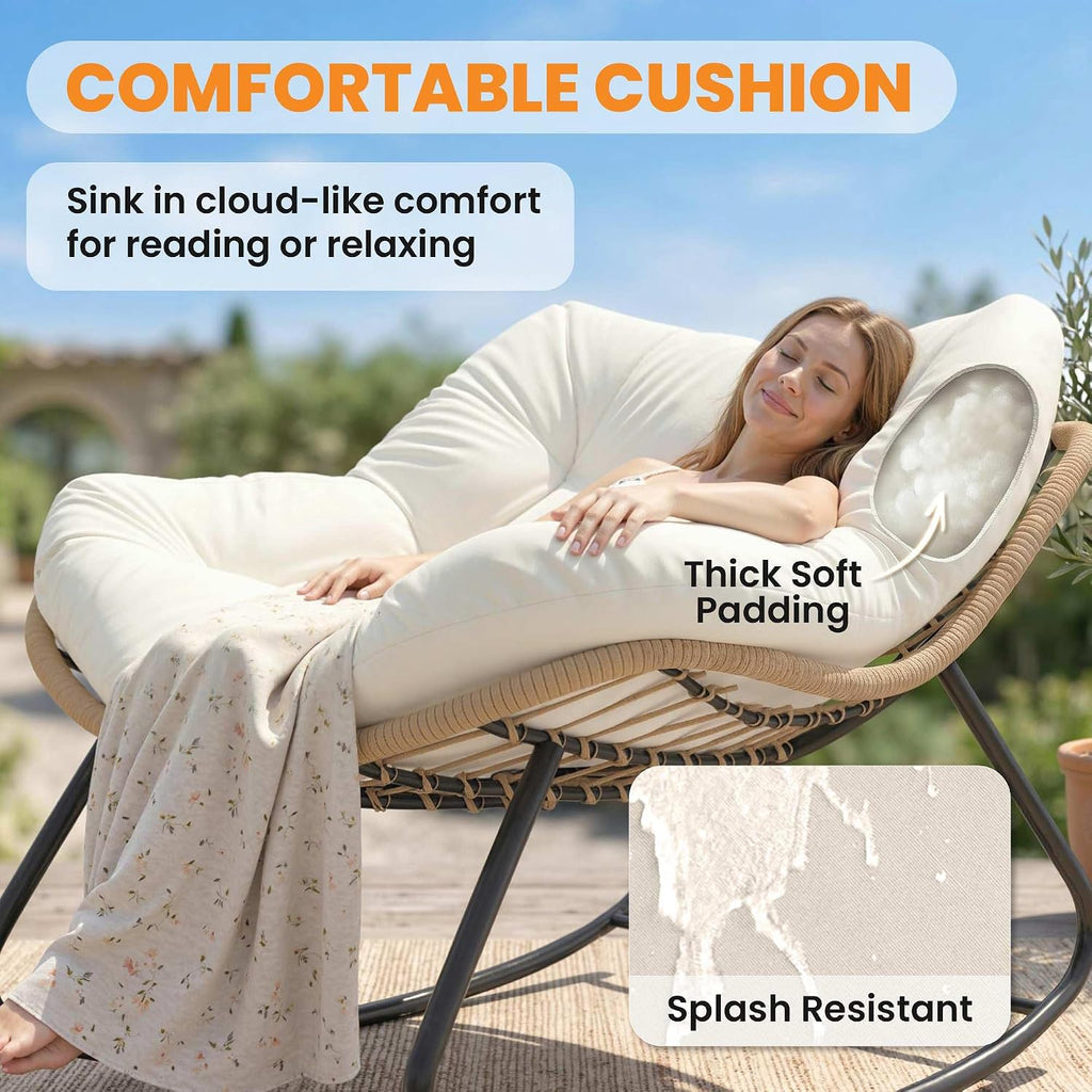 Papasan Rocking Chair Oversized Indoor Outdoor Cushion Beige | Wicker, PE Rattan, Outdoor Rocker Egg Chairs, Living