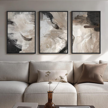 Framed Neutral Abstract Wall Art, 3 Piece Modern Minimalist Canvas Prints Paintings Artwork for Walls, Black Beige