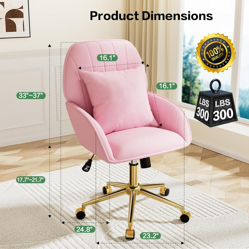 Pink Velvet Desk Chair with Pillow, Upholstered Home Office Desk Chair Makeup Vanity Chair with Swivel Wheels