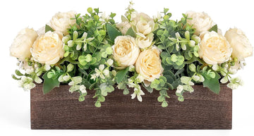 Centerpiece Table Decorations Farmhouse Table Centerpieces Decor Wood Tray with 3 Artificial Flowers and 2 Eucalyptus
