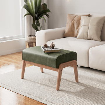Modern Ottoman Foot Stool, Faux Leather Accent Sofa Footrest with Walnut Rubber Wood Frame, Ottoman Bench Entryway